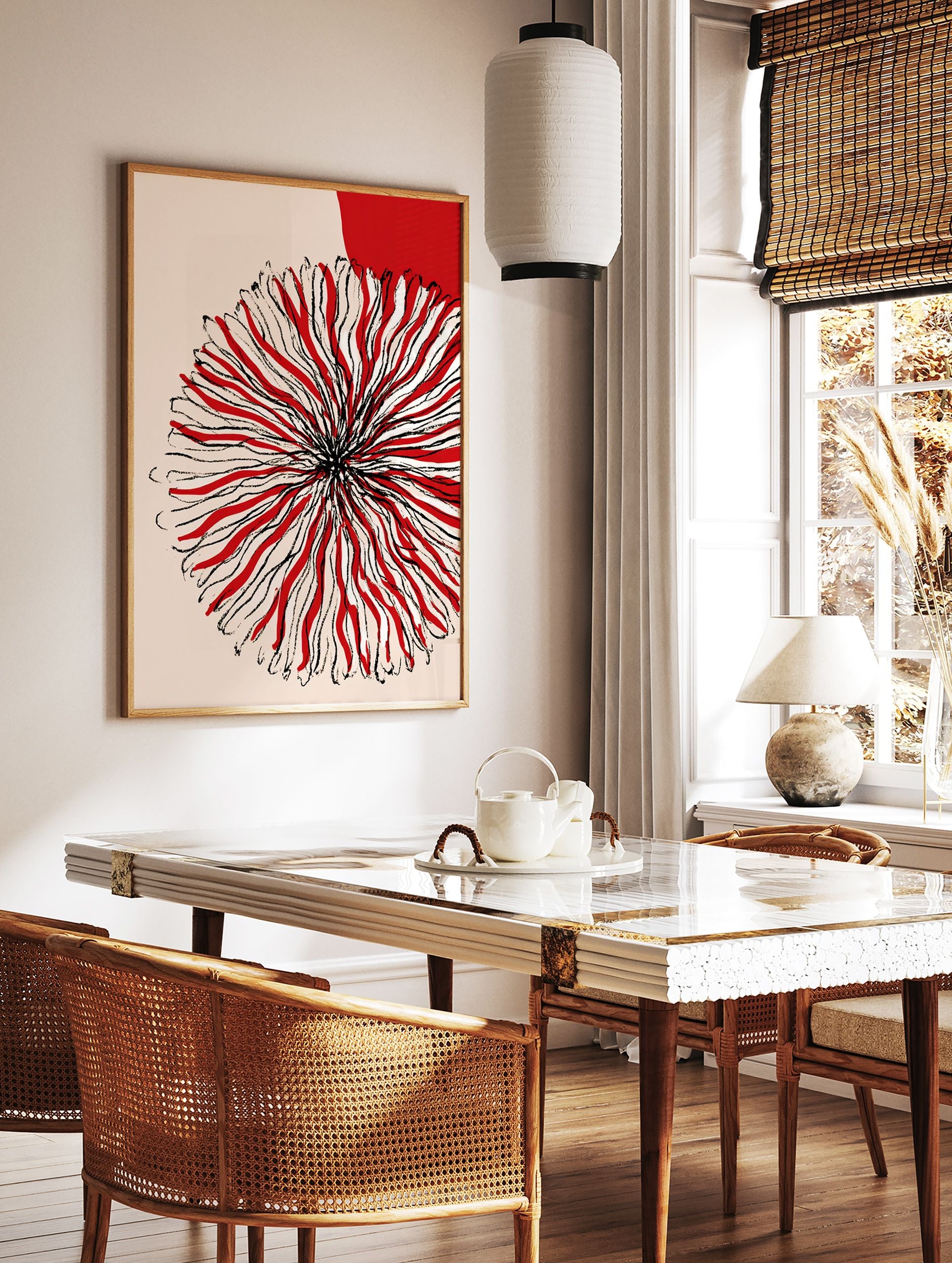 Red abstract flower art print with black lines on a light beige background and a red circle in the top right corner. - Image 2