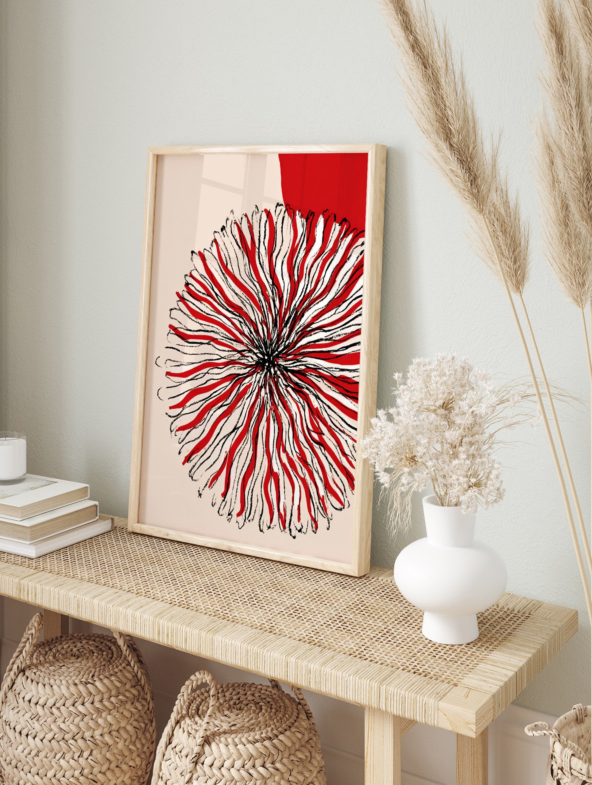 Red abstract flower art print with black lines on a light beige background and a red circle in the top right corner. - Image 3
