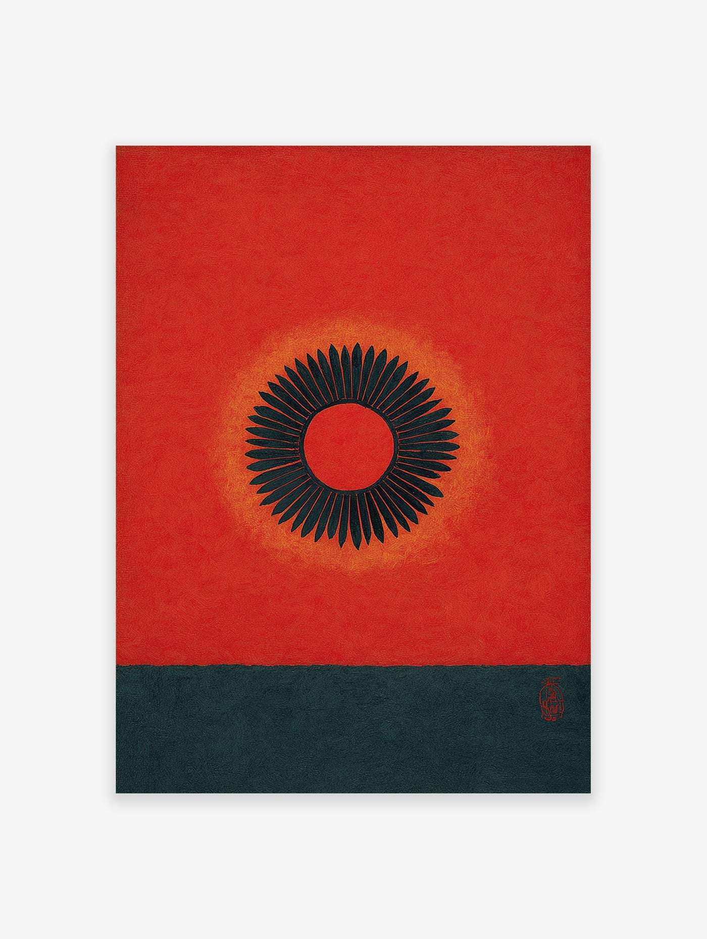 Red abstract sun wall art with a black geometric radiating motif, orange glow, and dark teal bottom section.
