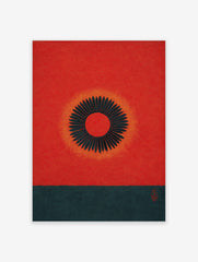 Red abstract sun wall art with a black geometric radiating motif, orange glow, and dark teal bottom section.