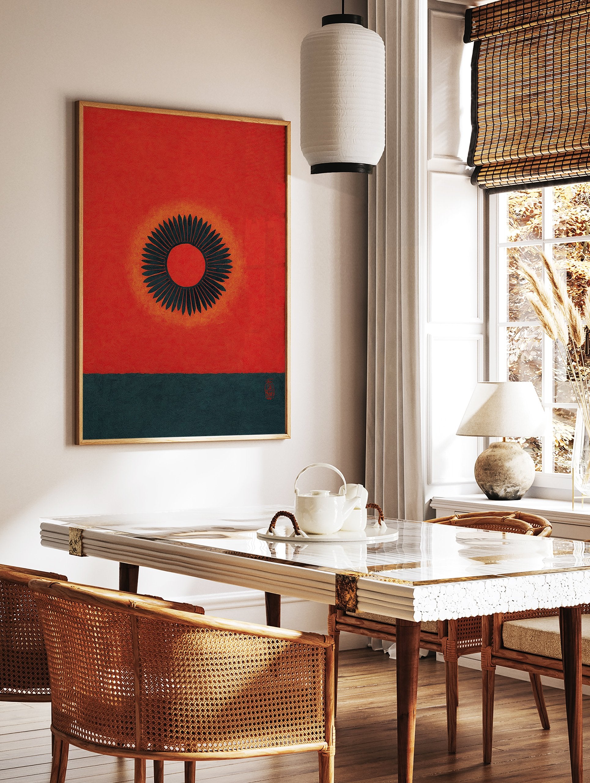 Red abstract sun wall art with a black geometric radiating motif, orange glow, and dark teal bottom section. - Image 2