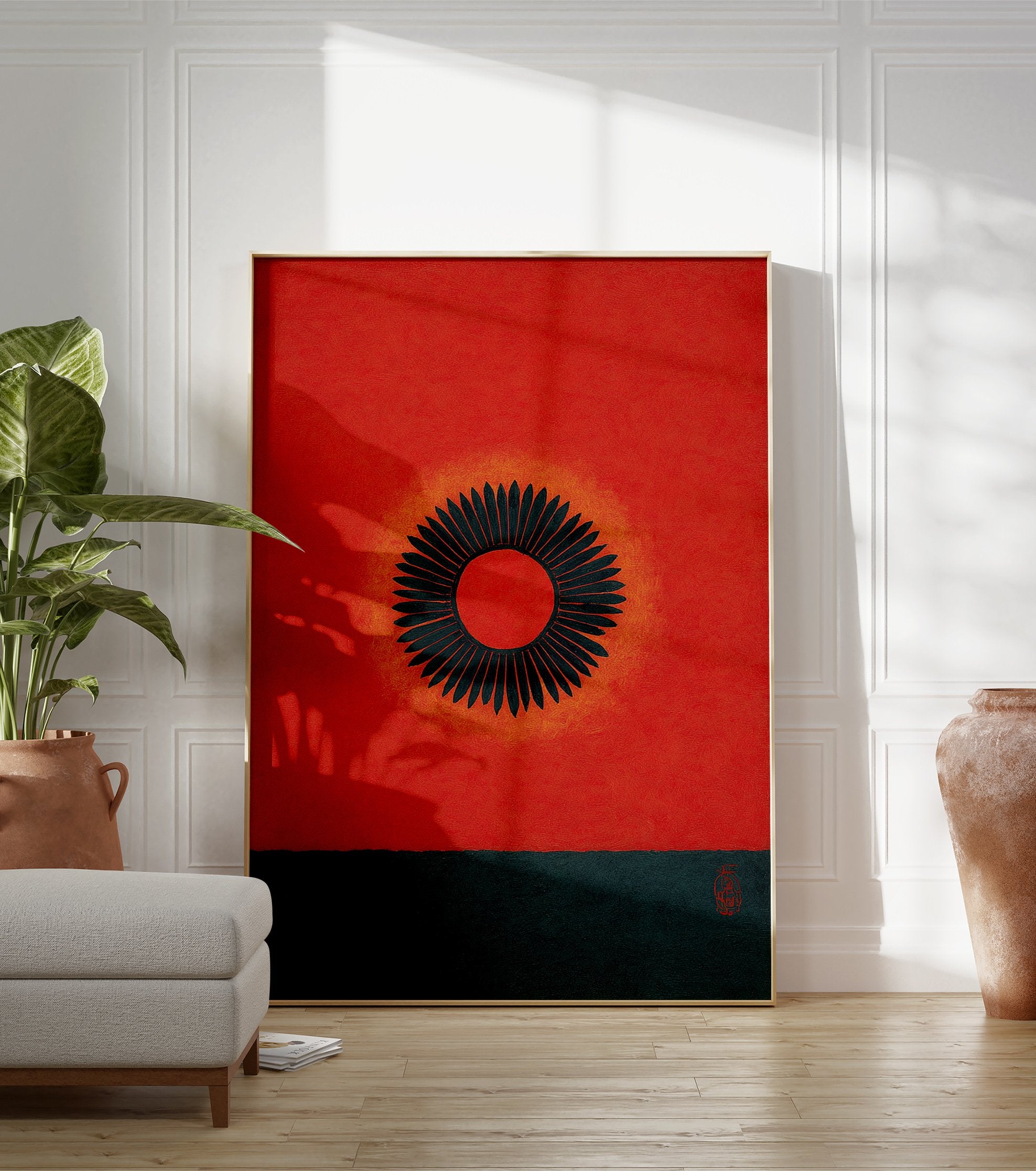 Red abstract sun wall art with a black geometric radiating motif, orange glow, and dark teal bottom section. - Image 3