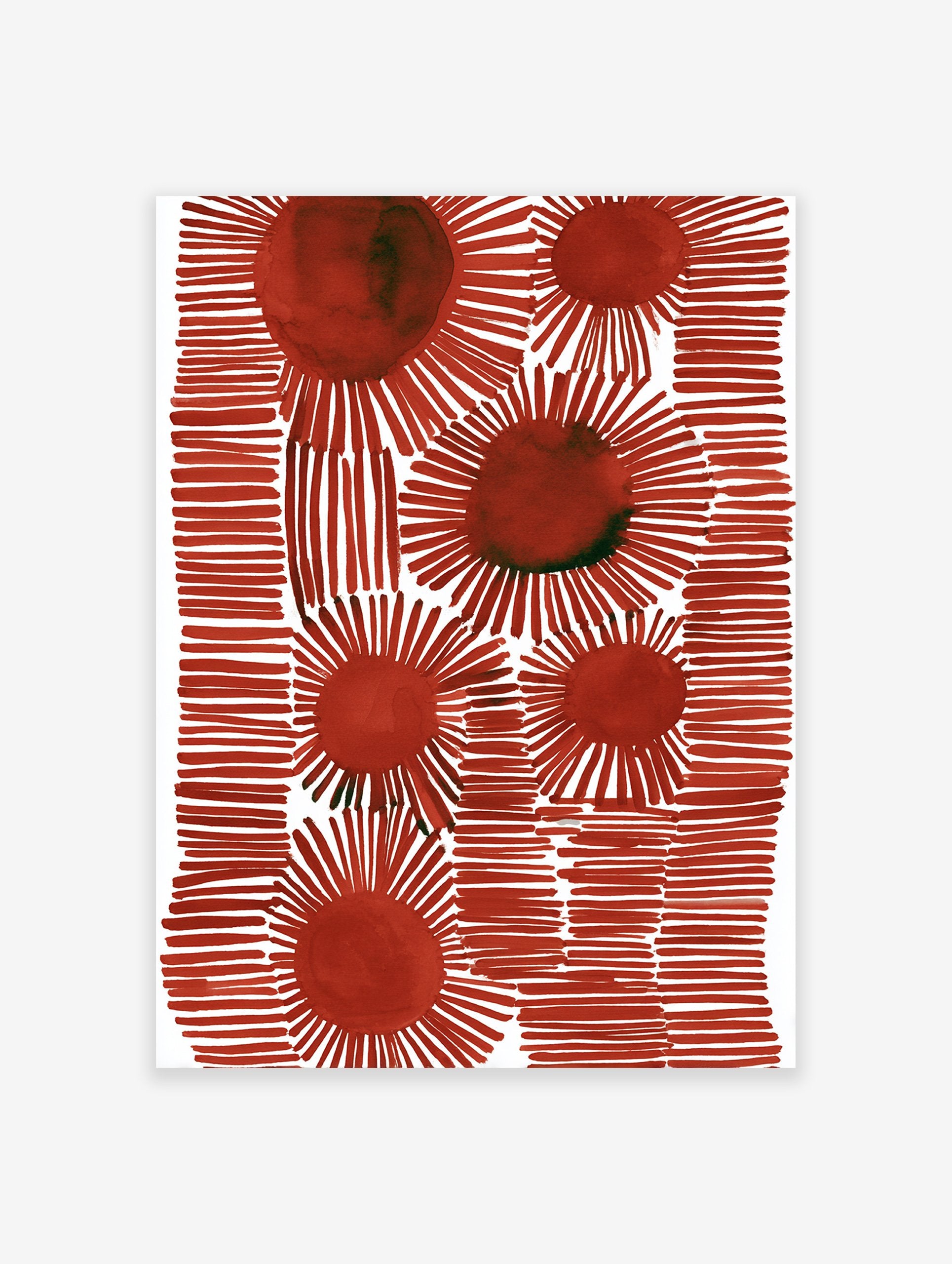 Red abstract wall art print with multiple stylized sunburst shapes and horizontal line patterns on a white background.