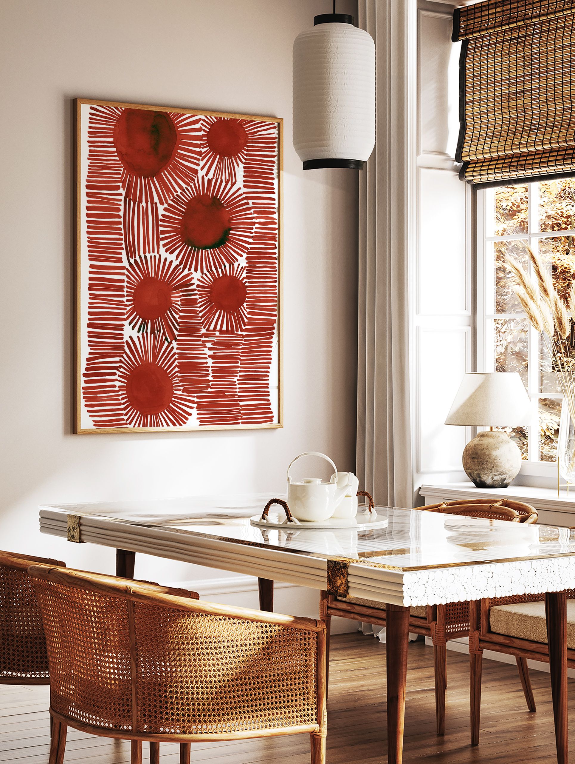 Red abstract wall art print with multiple stylized sunburst shapes and horizontal line patterns on a white background. - Image 3