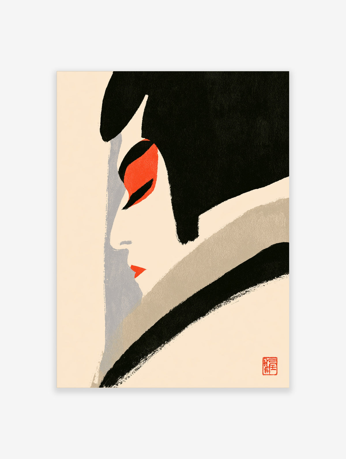 Red and black abstract face poster with stylised side profile, red eye and lips on cream background