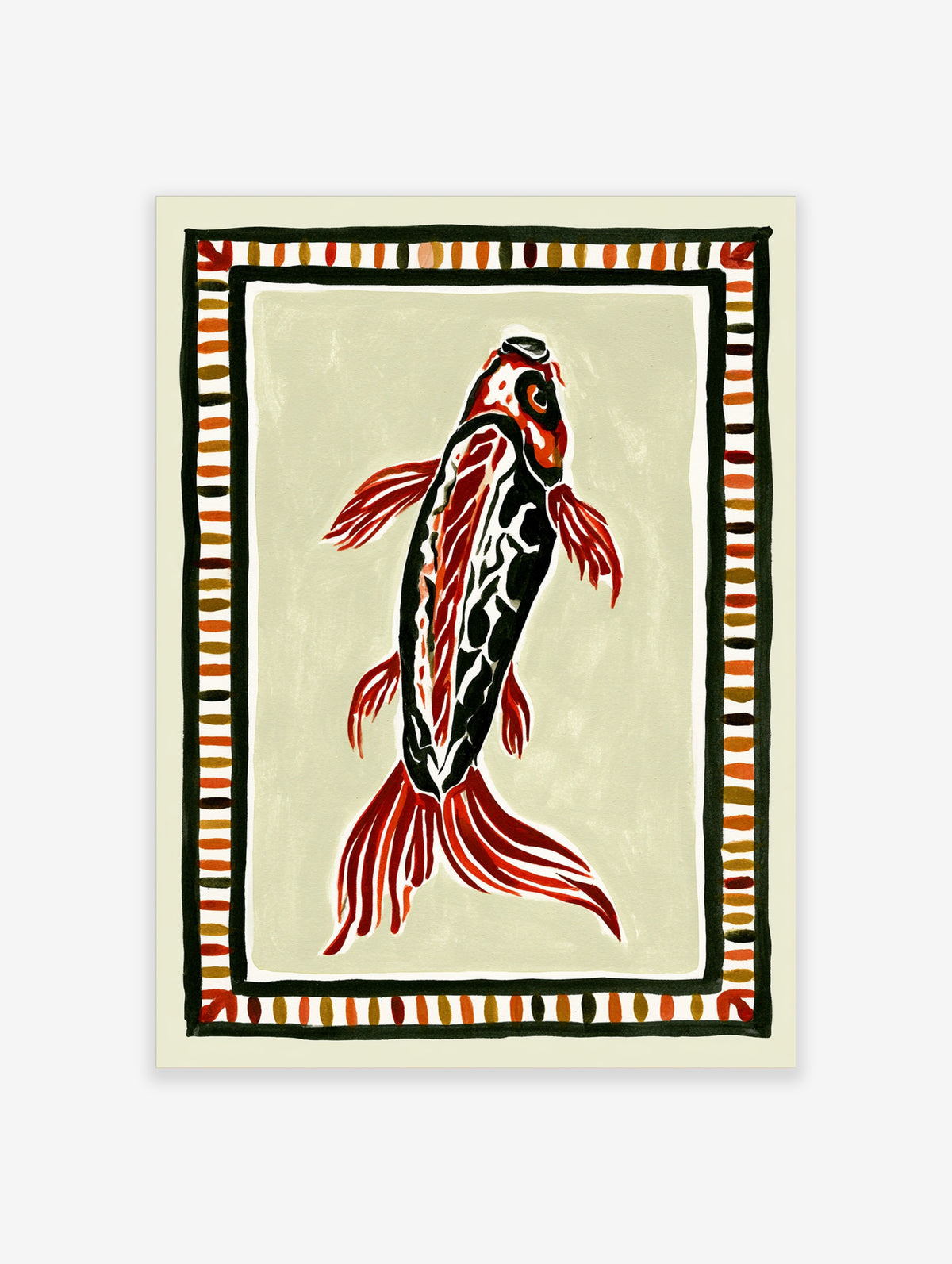 Red and black koi fish art print with white scale details and a decorative oval border on beige background