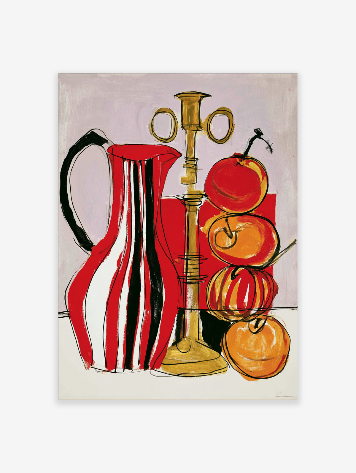 Red and black striped jug with gold candlestick and stacked fruit still life art print