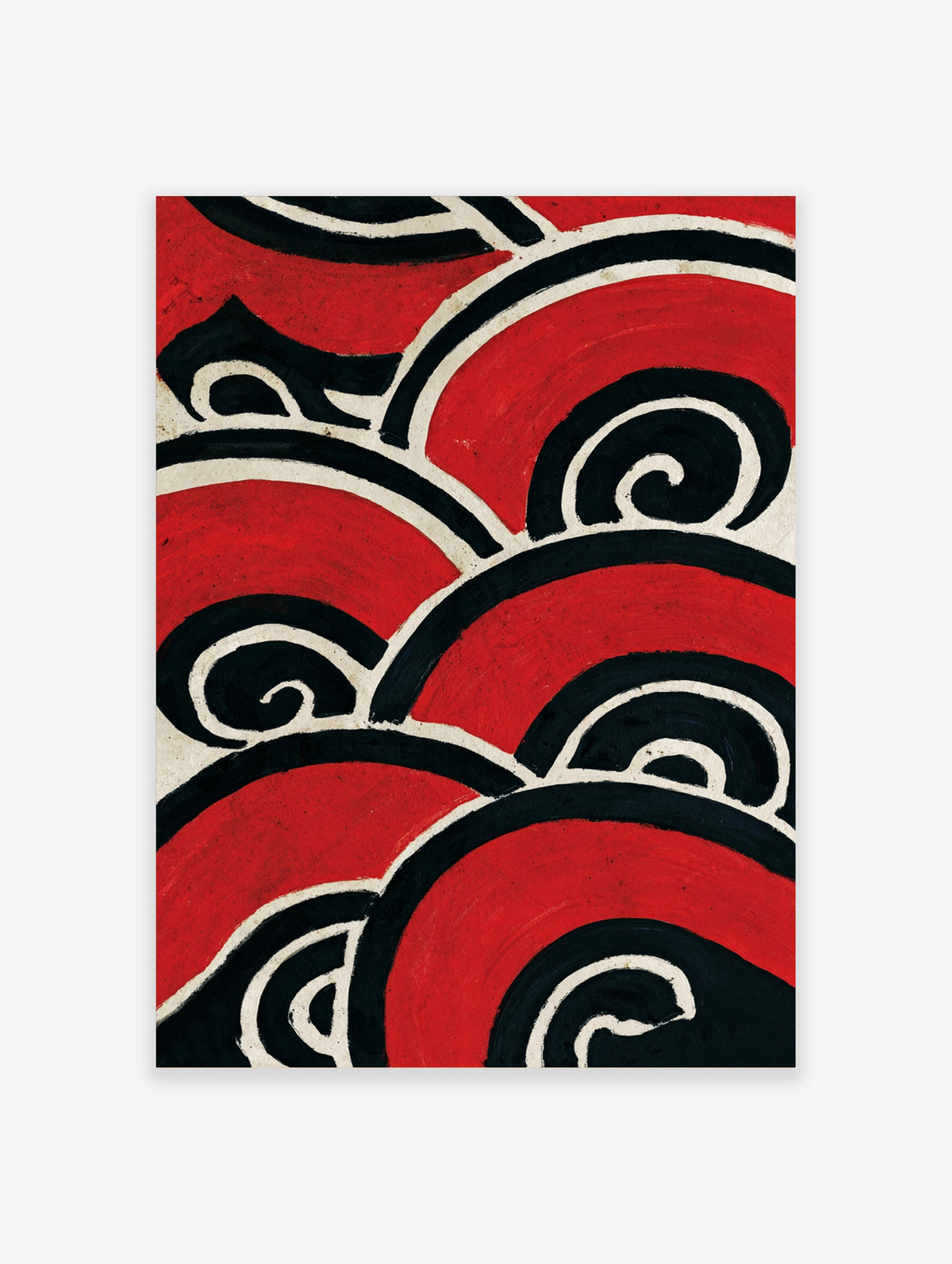 Red and black abstract swirl pattern poster with white outlines and curved wave design