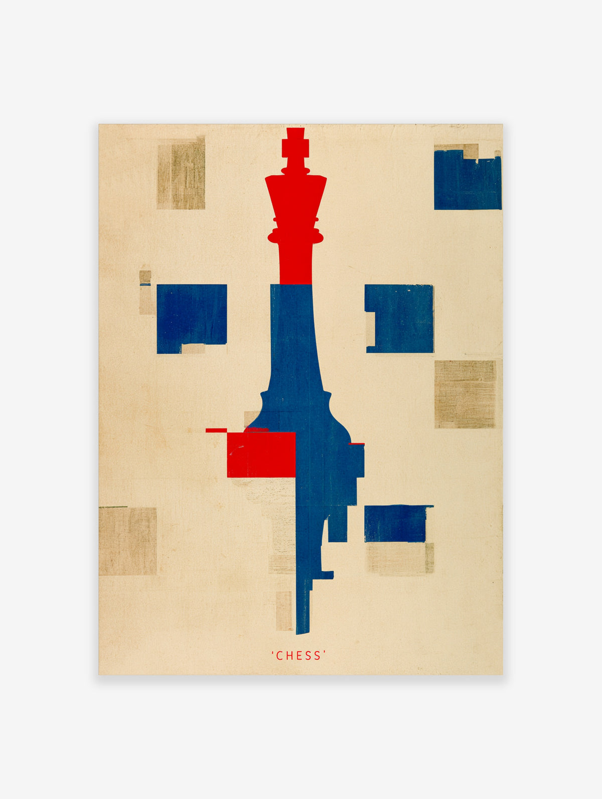 Red and blue chess king silhouette poster with geometric colour blocks and red 'CHESS' text on cream background