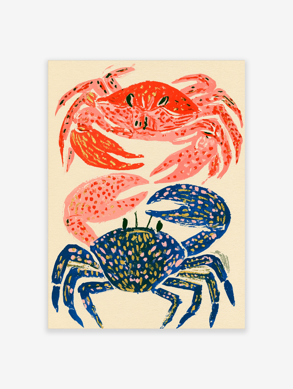 Red and blue crab poster with two painted crabs, one coral red and one deep blue with gold flecks, on cream background