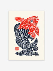A vibrant red and blue stylized fish poster in a traditional Japanese woodcut art style, on a cream background.