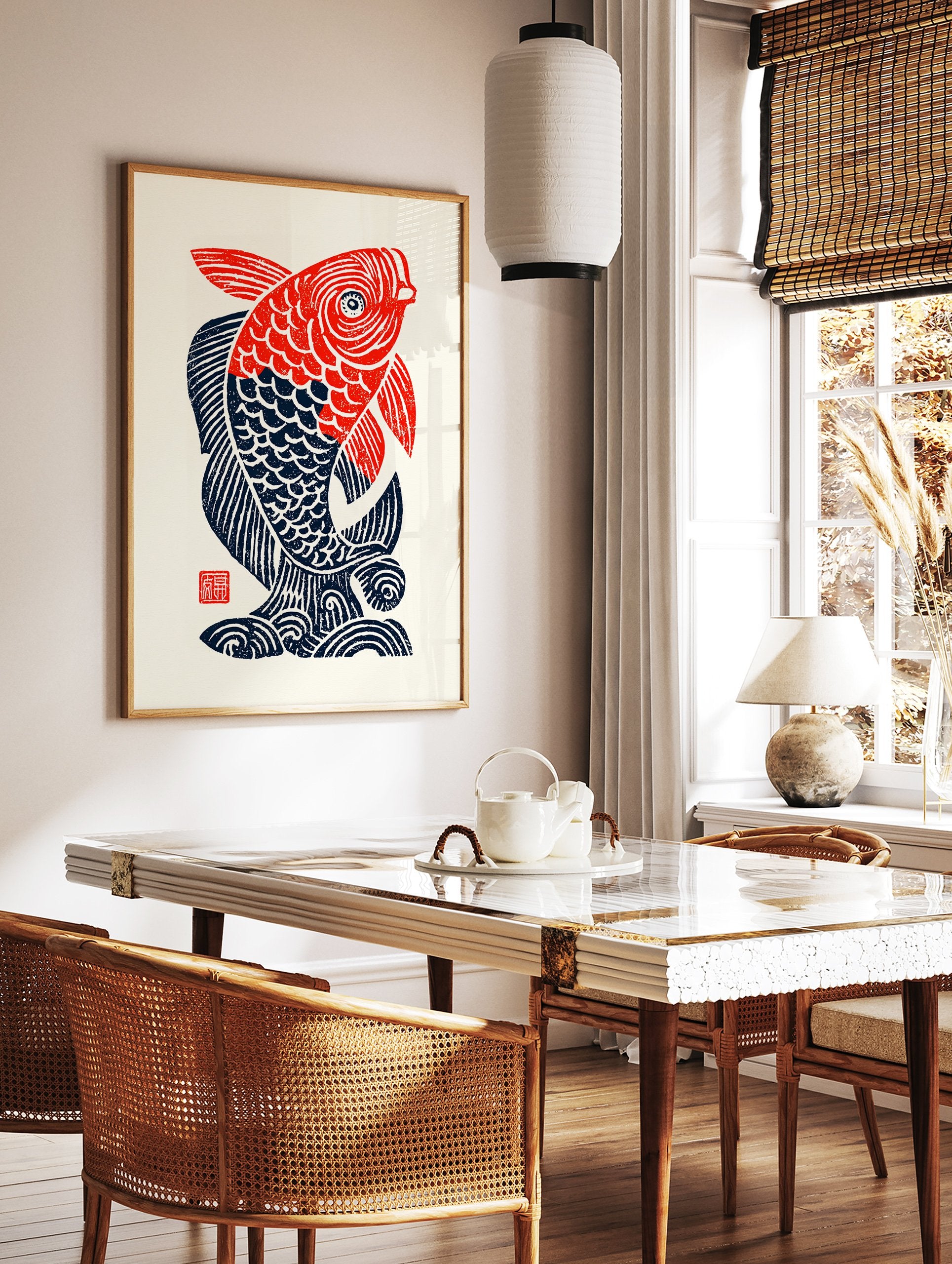 A vibrant red and blue stylized fish poster in a traditional Japanese woodcut art style, on a cream background. - Image 2