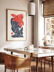 A vibrant red and blue stylized fish poster in a traditional Japanese woodcut art style, on a cream background. - Image 2