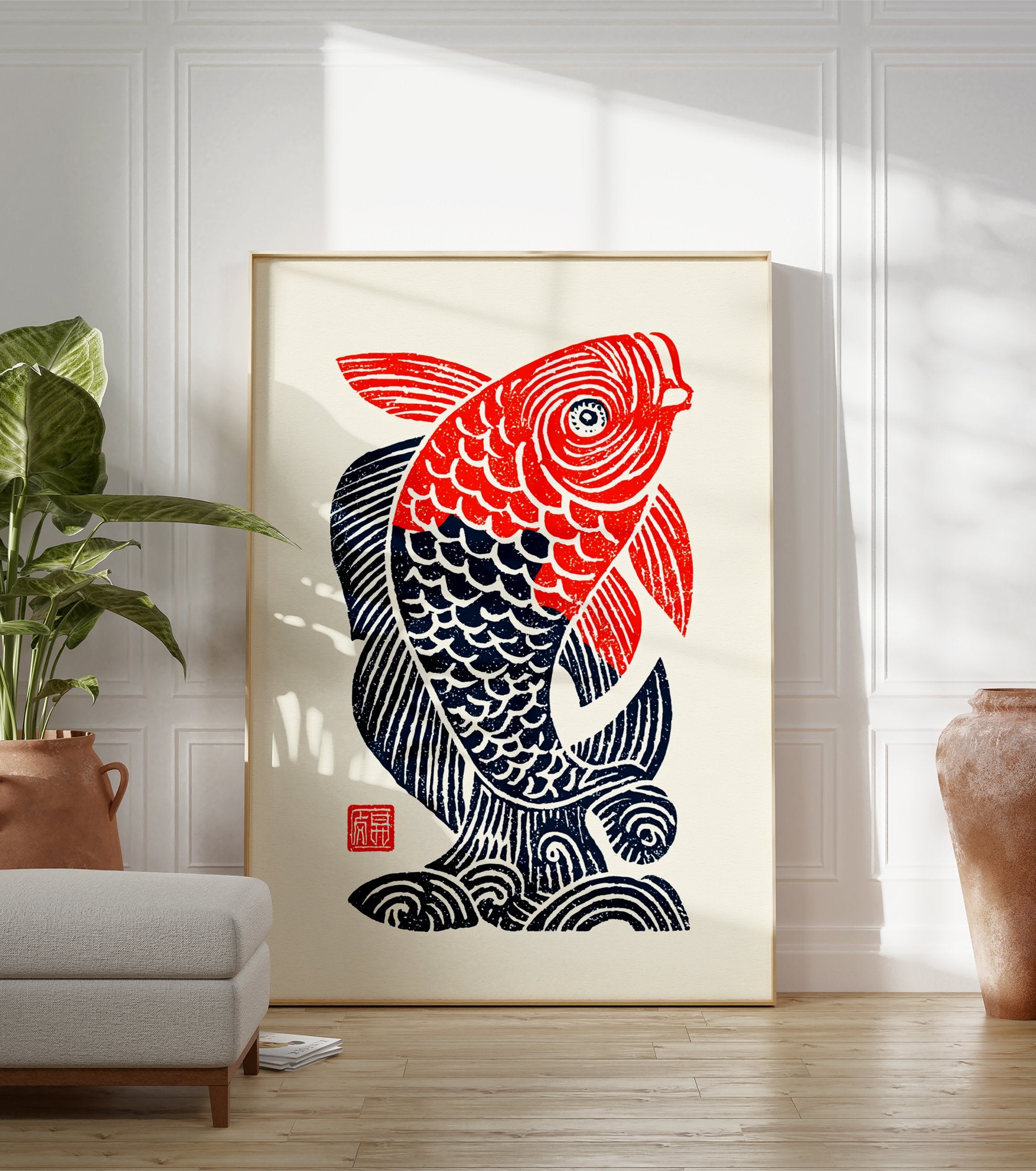 A vibrant red and blue stylized fish poster in a traditional Japanese woodcut art style, on a cream background. - Image 3