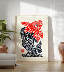 A vibrant red and blue stylized fish poster in a traditional Japanese woodcut art style, on a cream background. - Image 3
