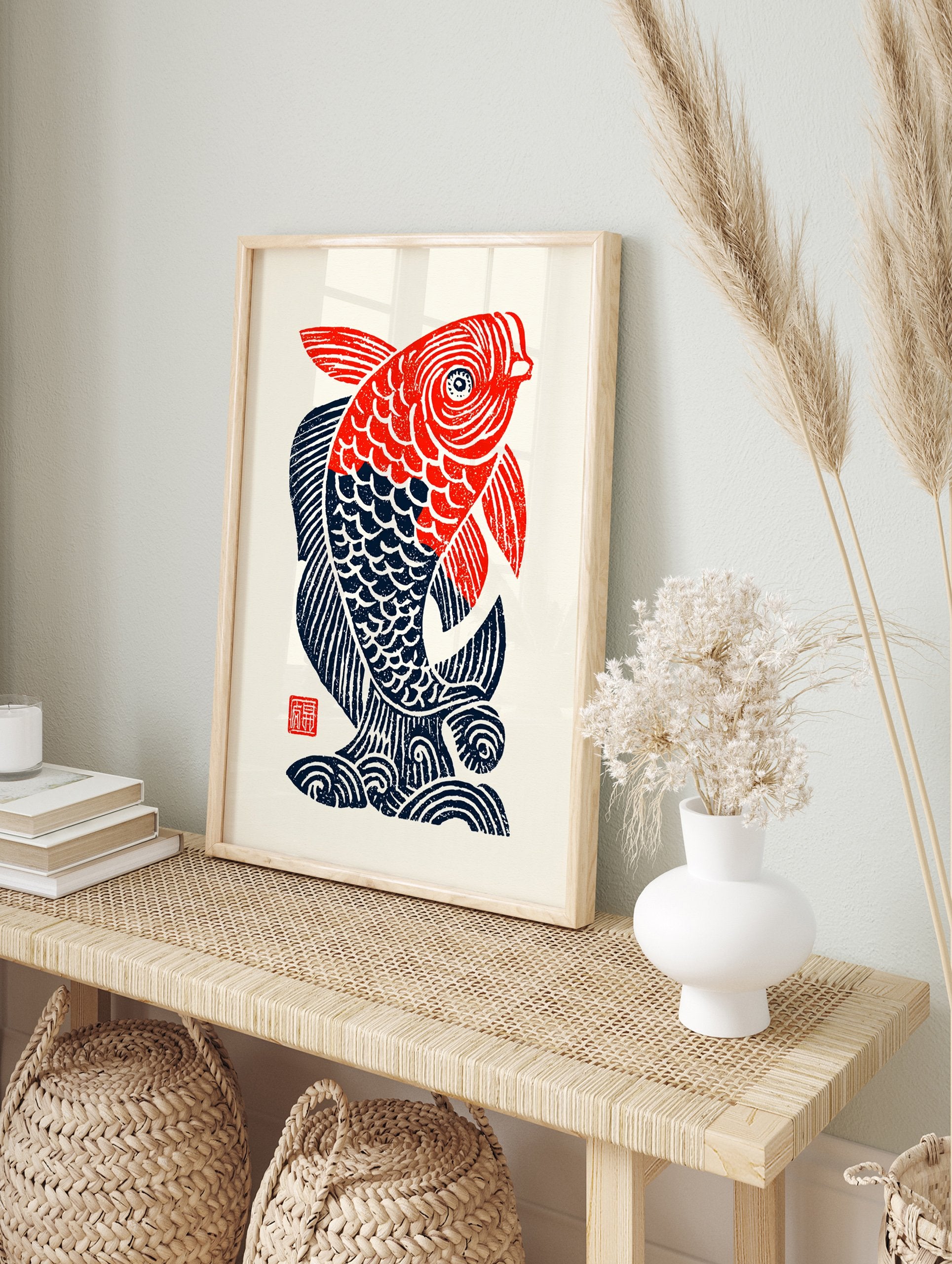 A vibrant red and blue stylized fish poster in a traditional Japanese woodcut art style, on a cream background. - Image 4