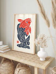 A vibrant red and blue stylized fish poster in a traditional Japanese woodcut art style, on a cream background. - Image 4