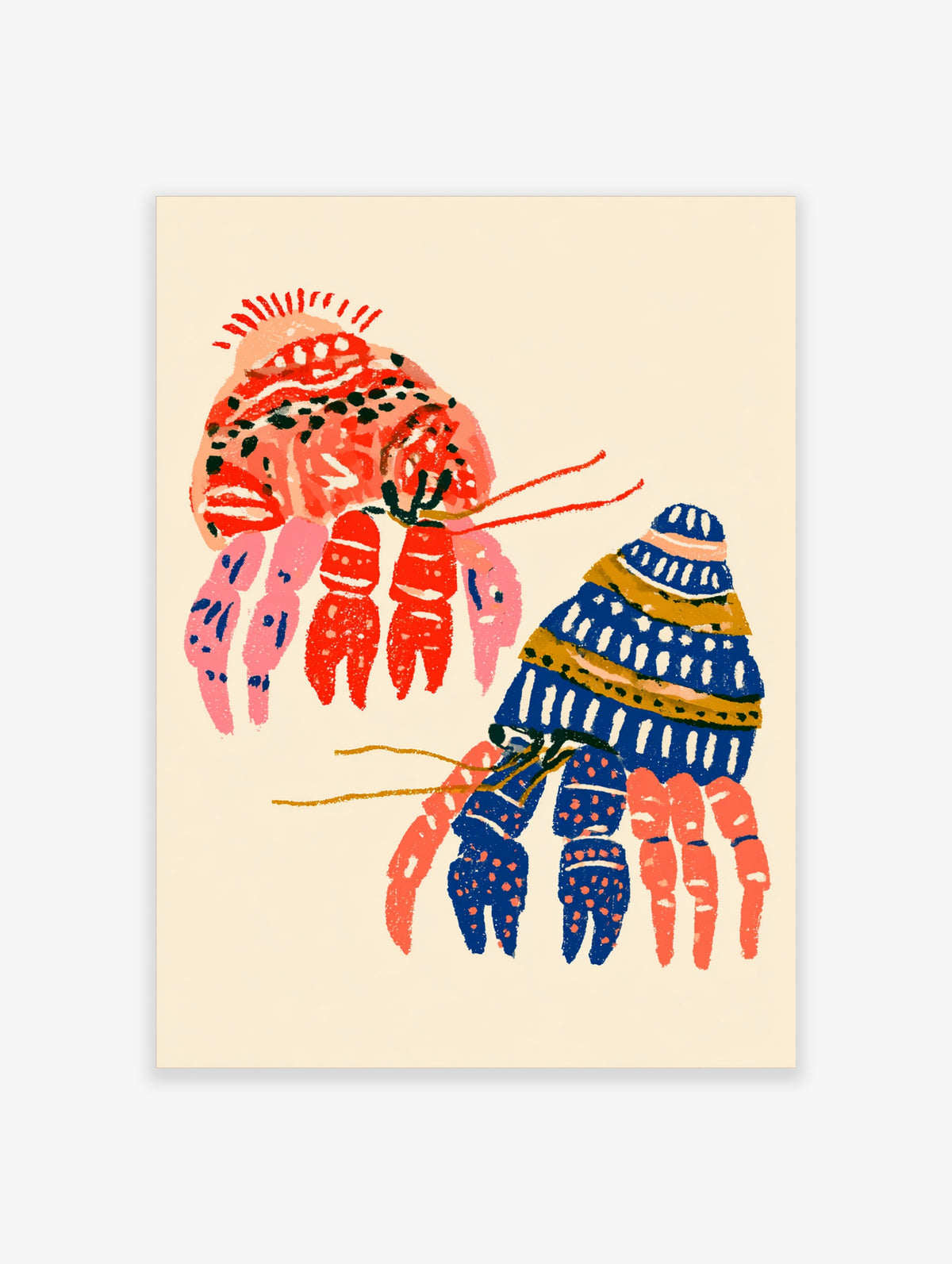 Colourful lobster illustration art print with two stylised crustaceans in red, pink and blue on a cream background