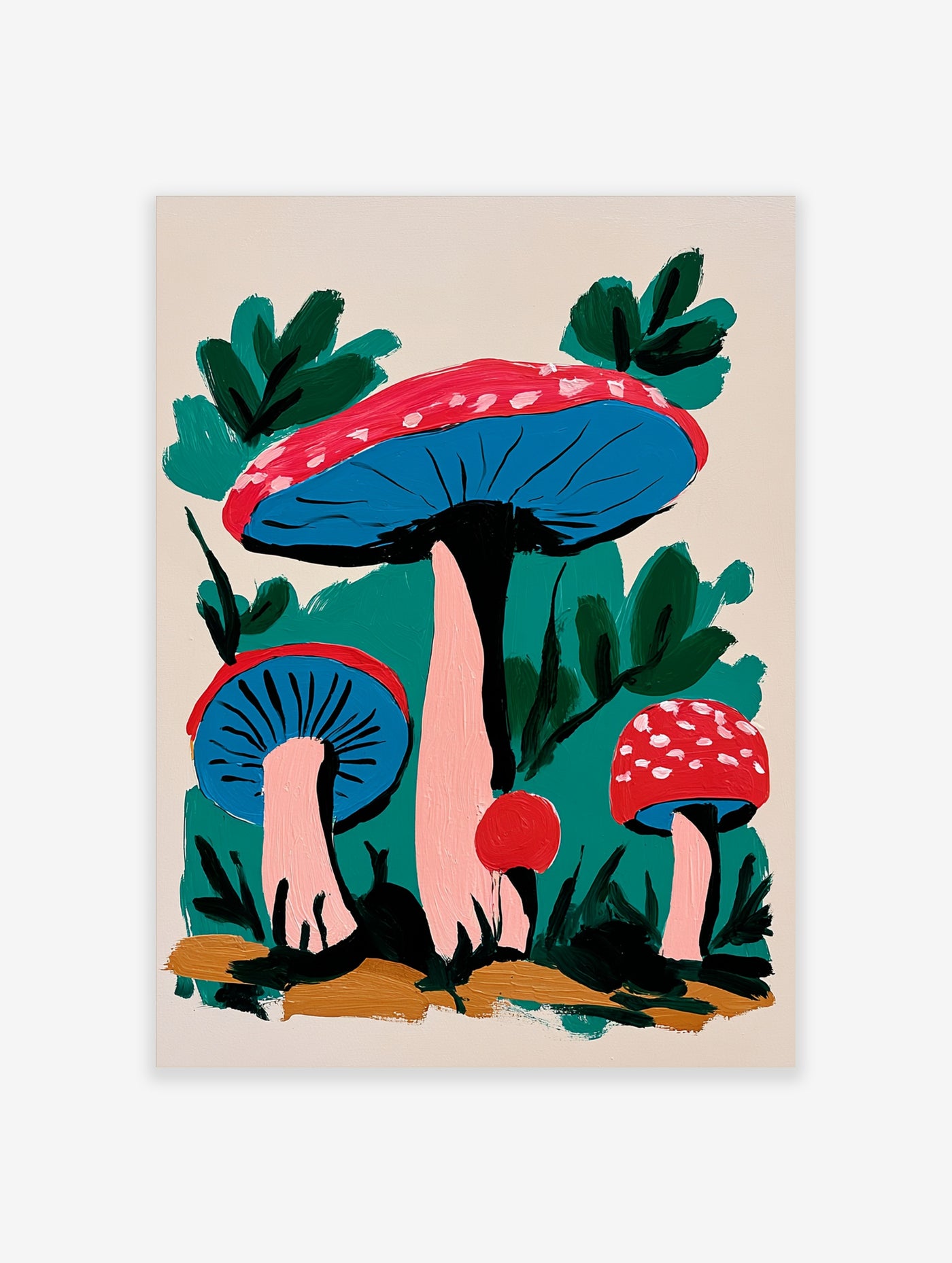 Red and blue mushroom art print with white spots and pink stems on teal background
