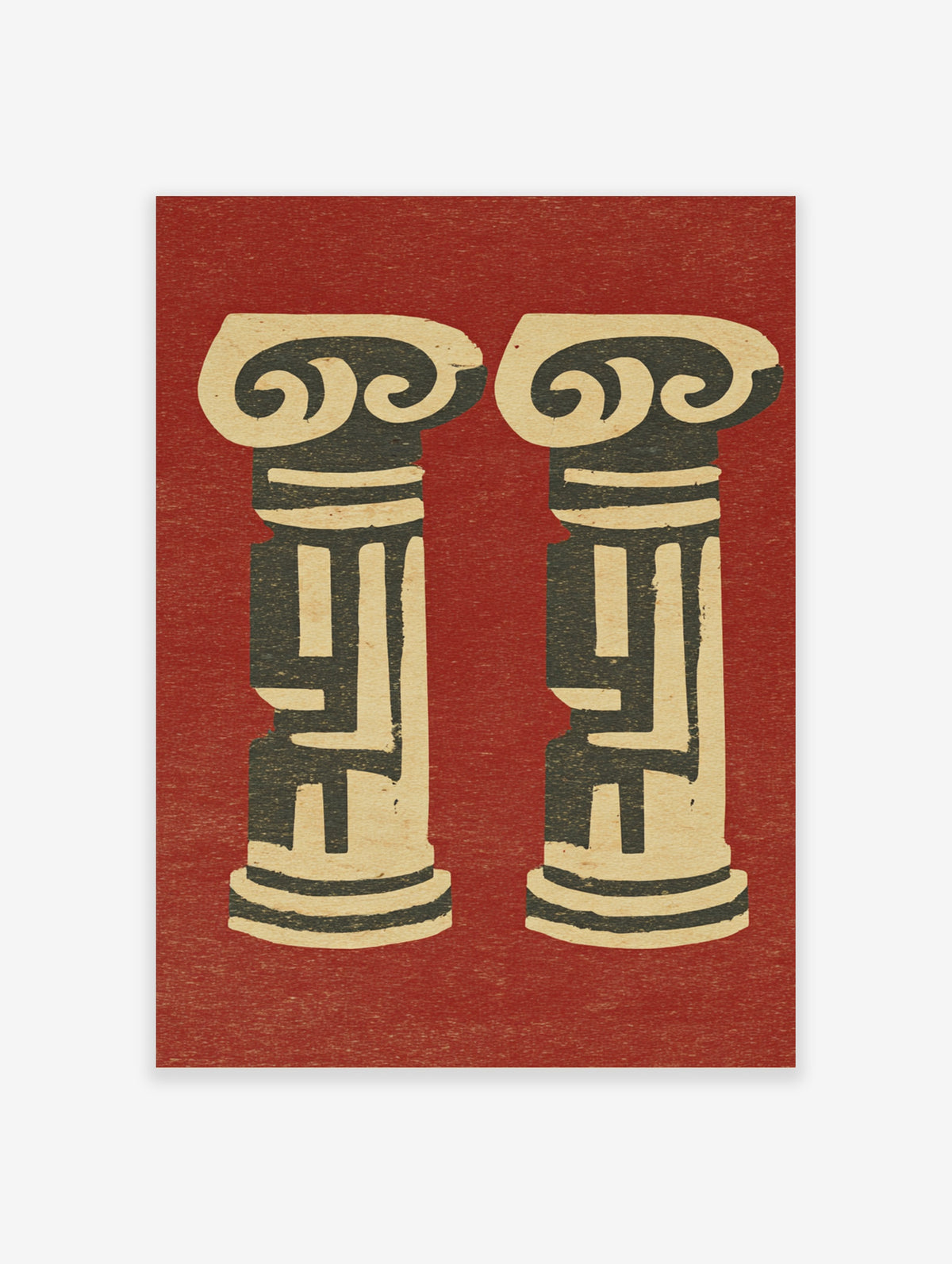 Cream classical columns with scrolled capitals and fluted shafts on a red background, architectural poster print