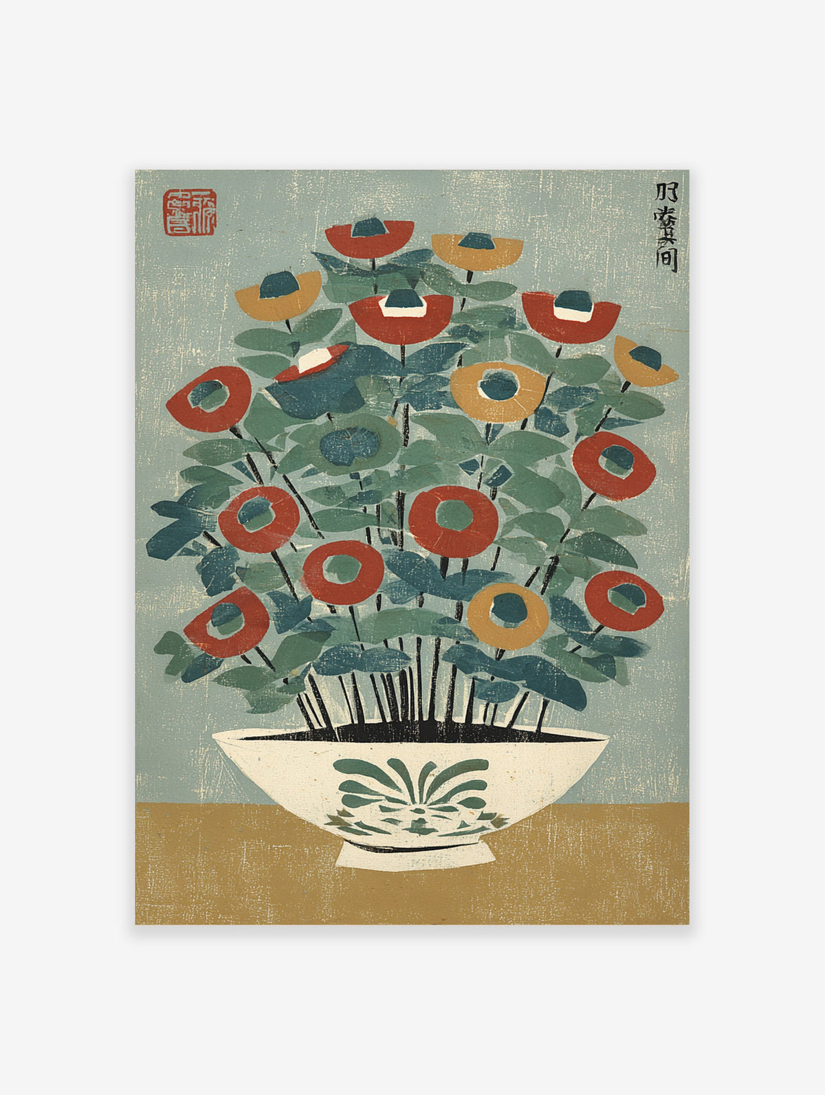 Botanical print of red and ochre flowers in a white bowl on blue background