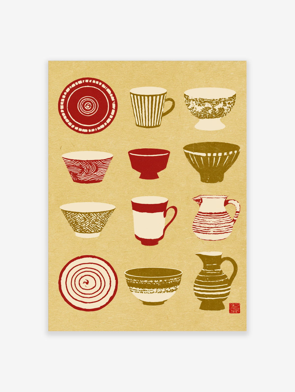 Red and olive ceramic illustrations grid print with bowls, jugs, cups on beige background