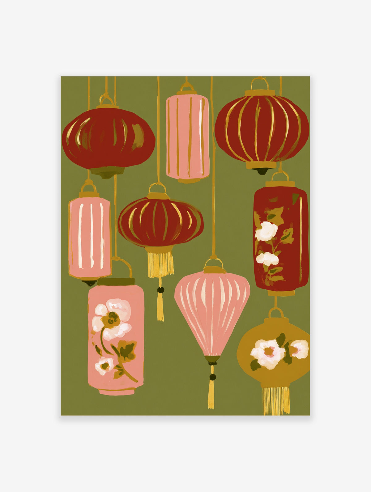 Red and pink paper lanterns with gold tassels and floral motifs on an olive green background