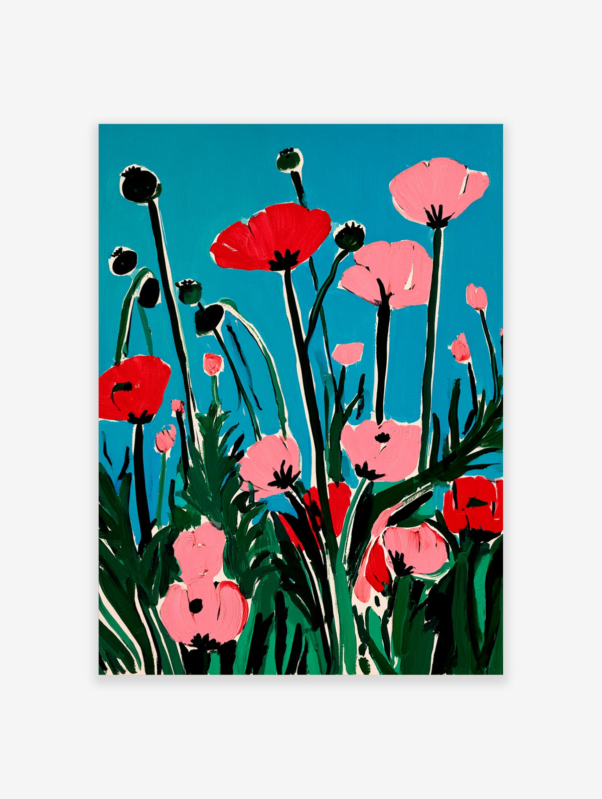 Red and pink poppy flower poster with green stems and buds on a blue background
