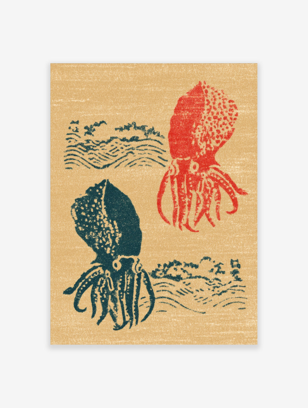Red and teal squid poster with woodblock-style wave motifs on tan background