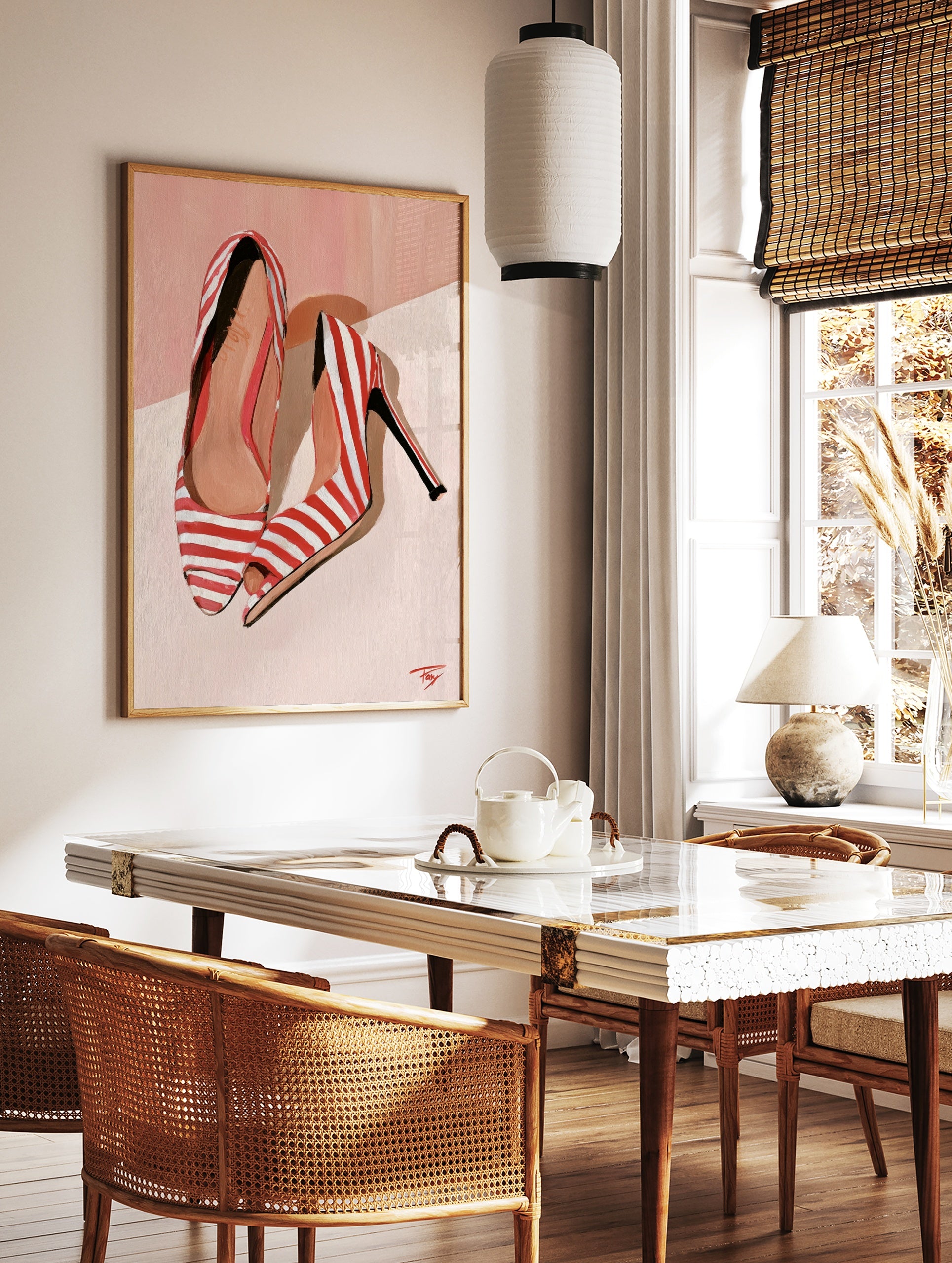 Fashion illustration of red and white striped high heels on a soft peach background, in a styled room mockup