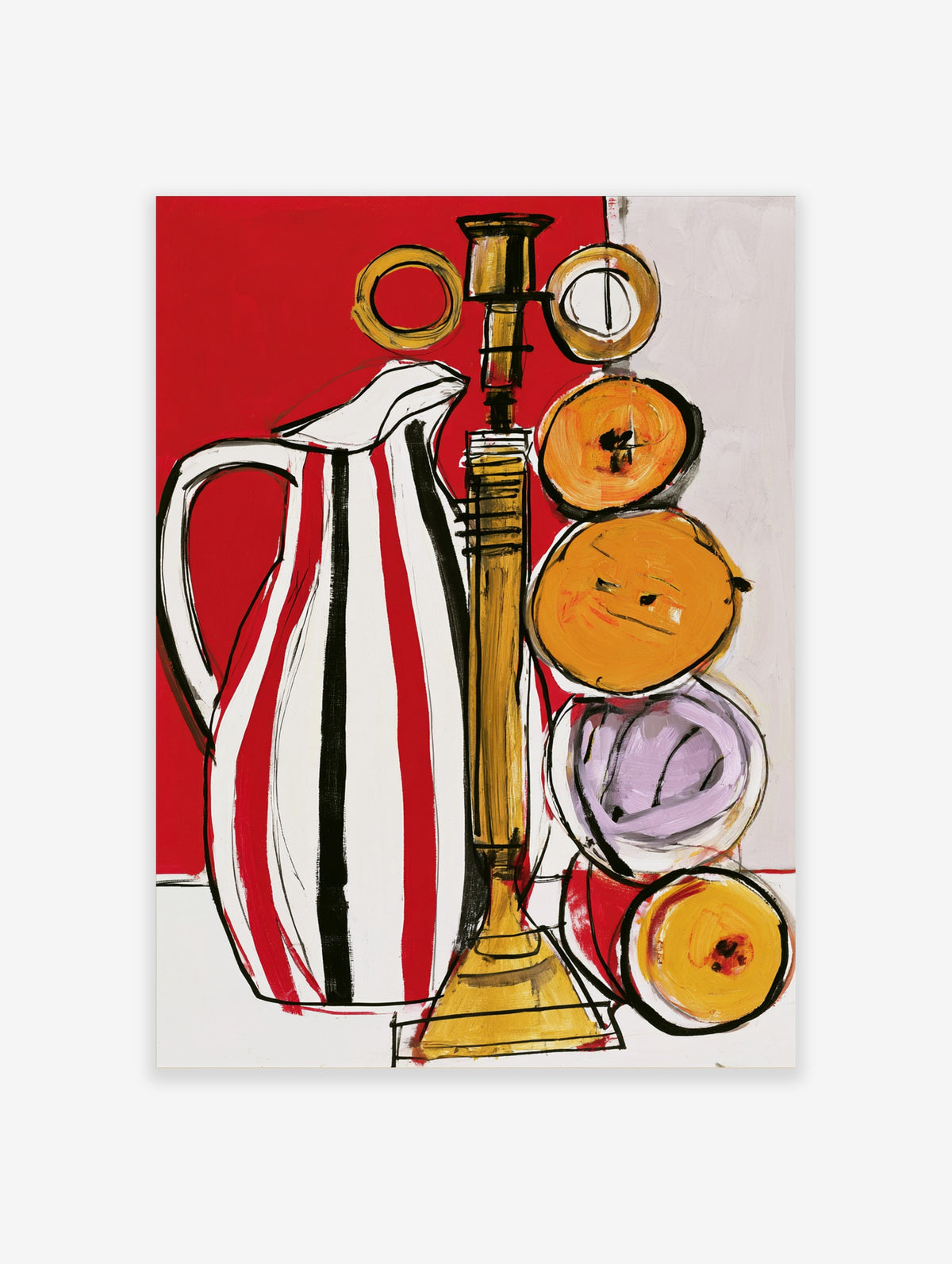 Red and white striped jug with brass candlestick and fruit forms in a modern still life poster