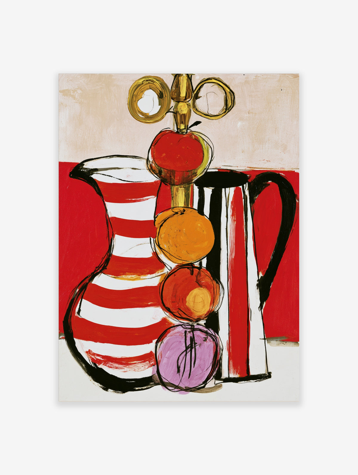 Red and white striped jug still life with stacked fruit and gold finial, colourful modern kitchen wall art print