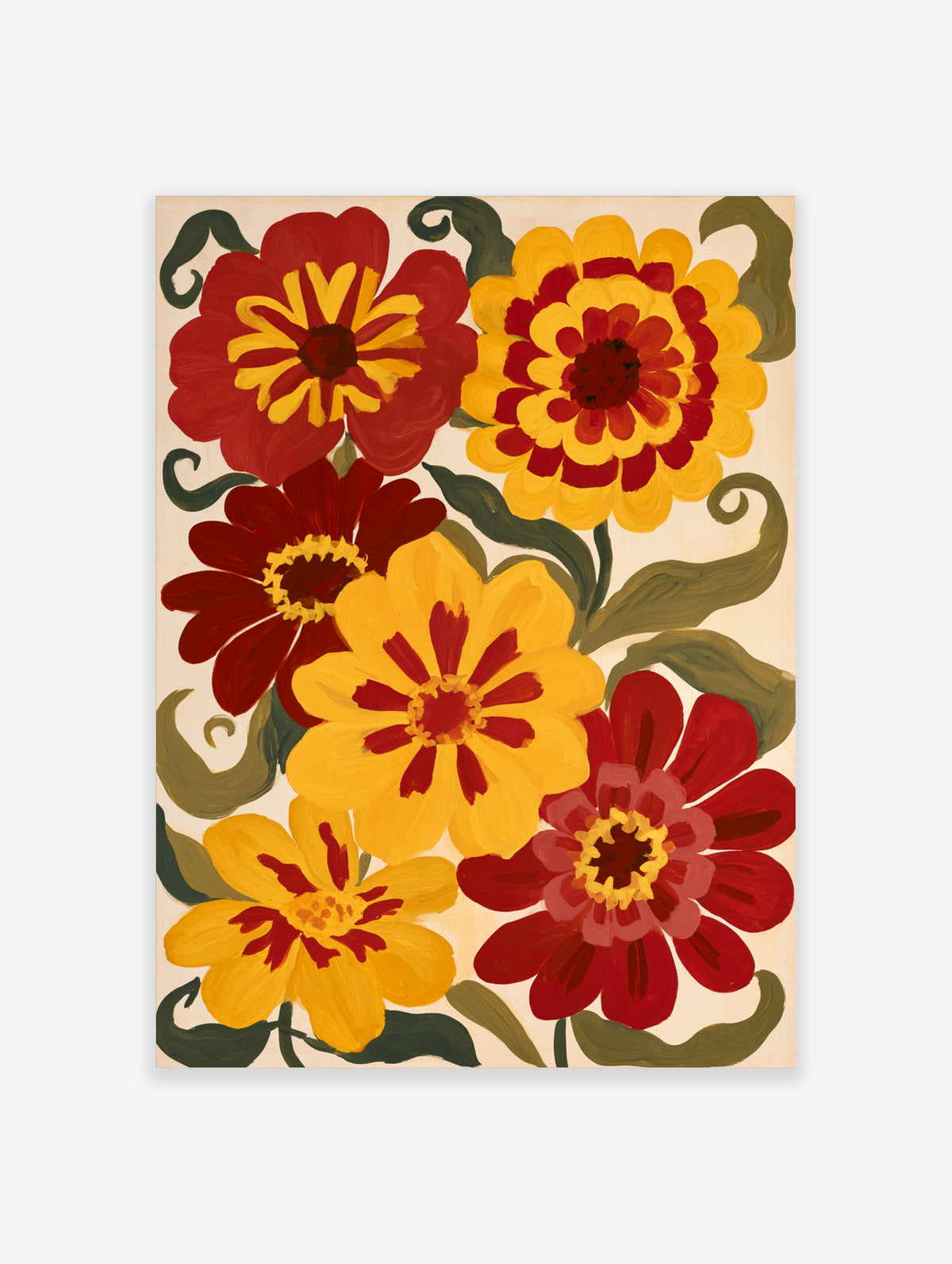 Stylised red and yellow flowers with olive green leaves and stems in a bold, illustrative floral wall art print