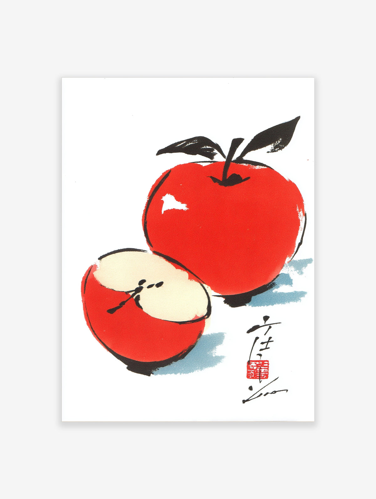 Red apple wall art with whole apple, cut half, black leaves, calligraphy, and red seal on white background