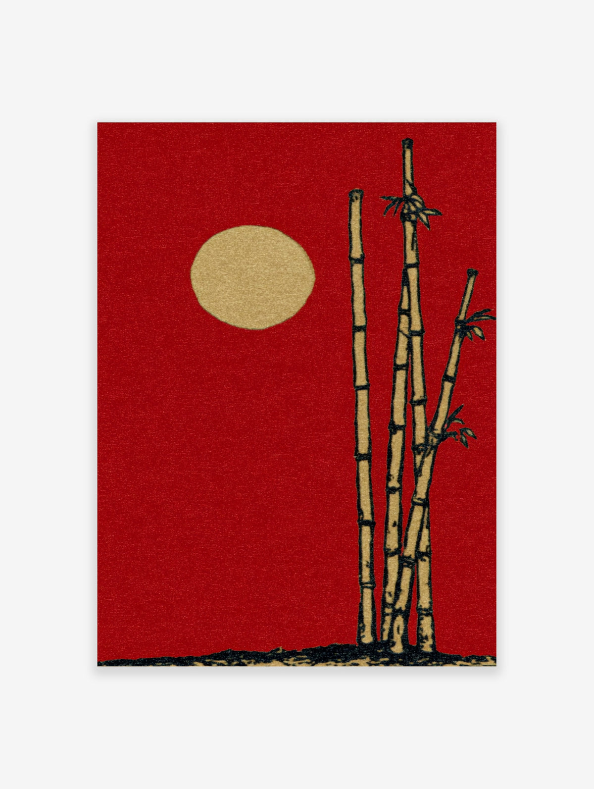 Red bamboo wall art print with three stalks and a gold moon on a deep crimson background
