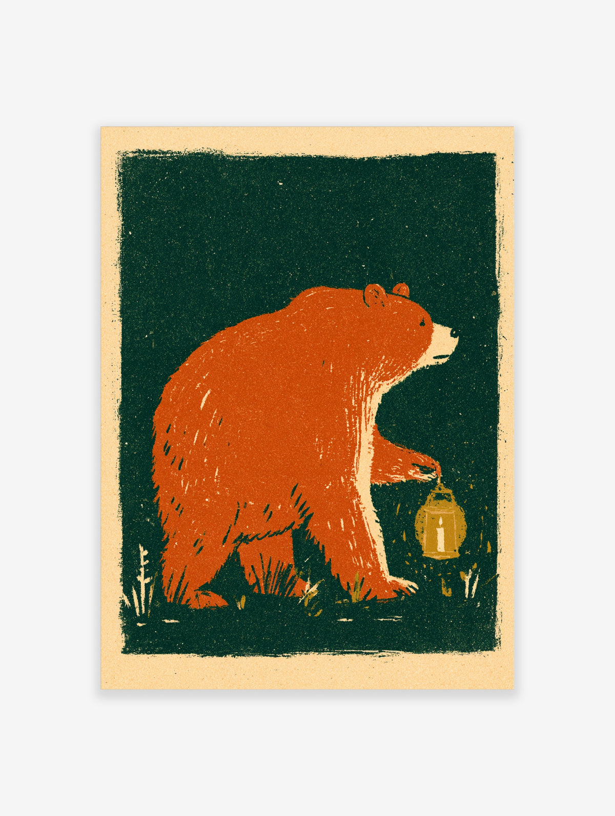 Red bear holding a lit lantern in a dark green woodland, retro illustration art print