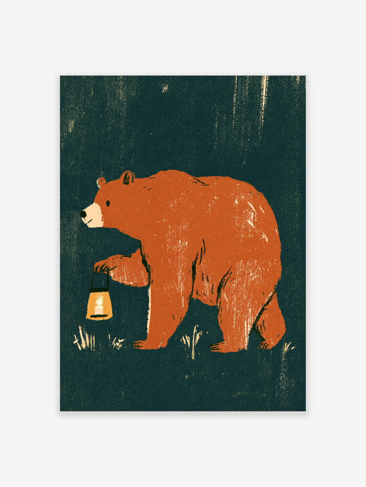 Red bear holding a lantern with a lit candle on a dark green background, rustic animal poster