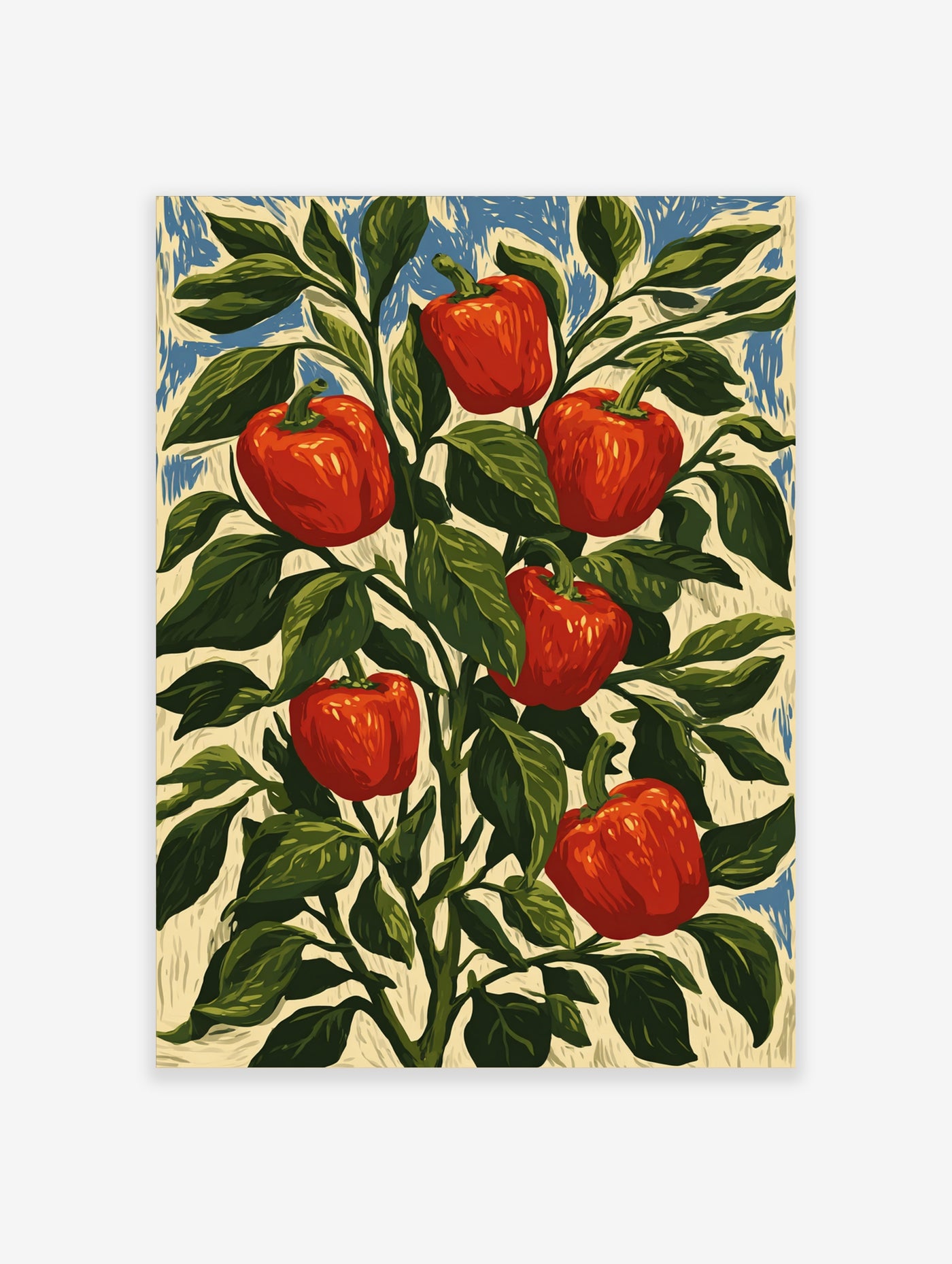 Red bell pepper plant illustration with six peppers and green leaves on blue and cream background