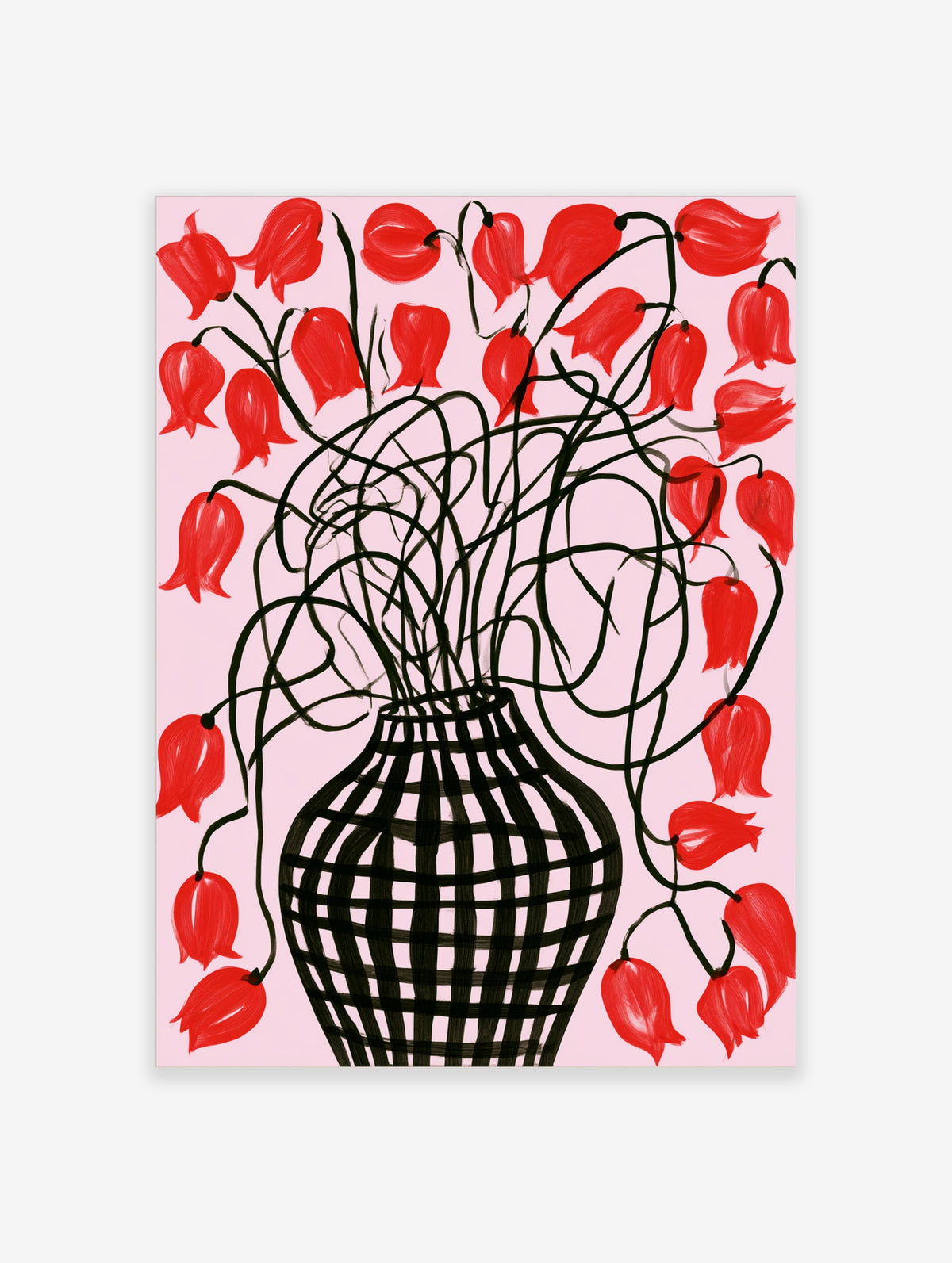Red bellflower botanical art print with black stems and lattice vase on pink background