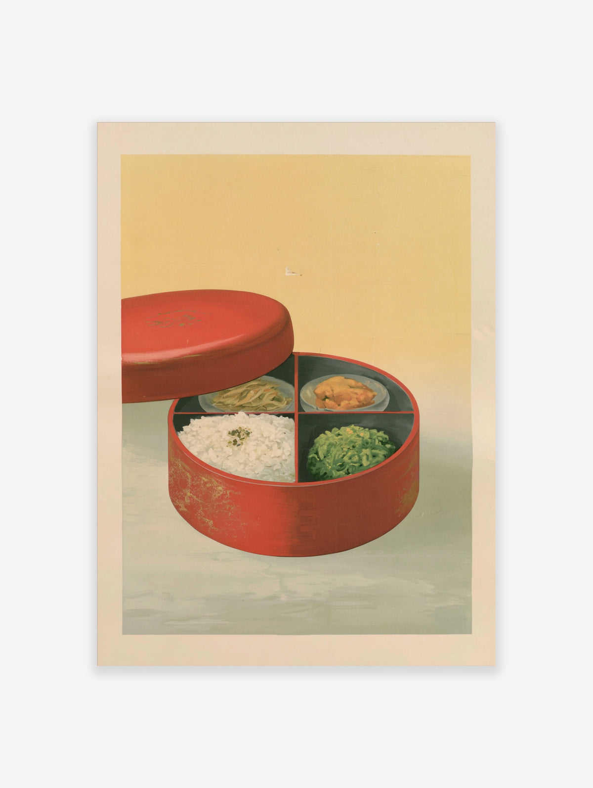 Red bento box poster with rice, green noodles, and side dishes in a lacquered container on pale yellow background