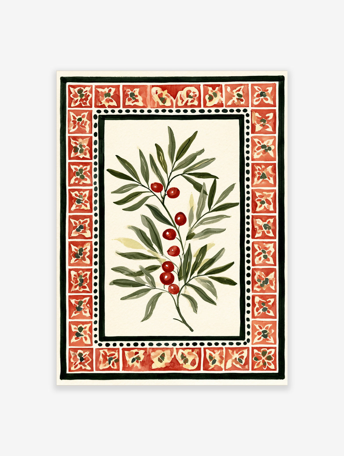 Botanical illustration of a branch with red berries and green leaves within a red tile border on cream paper