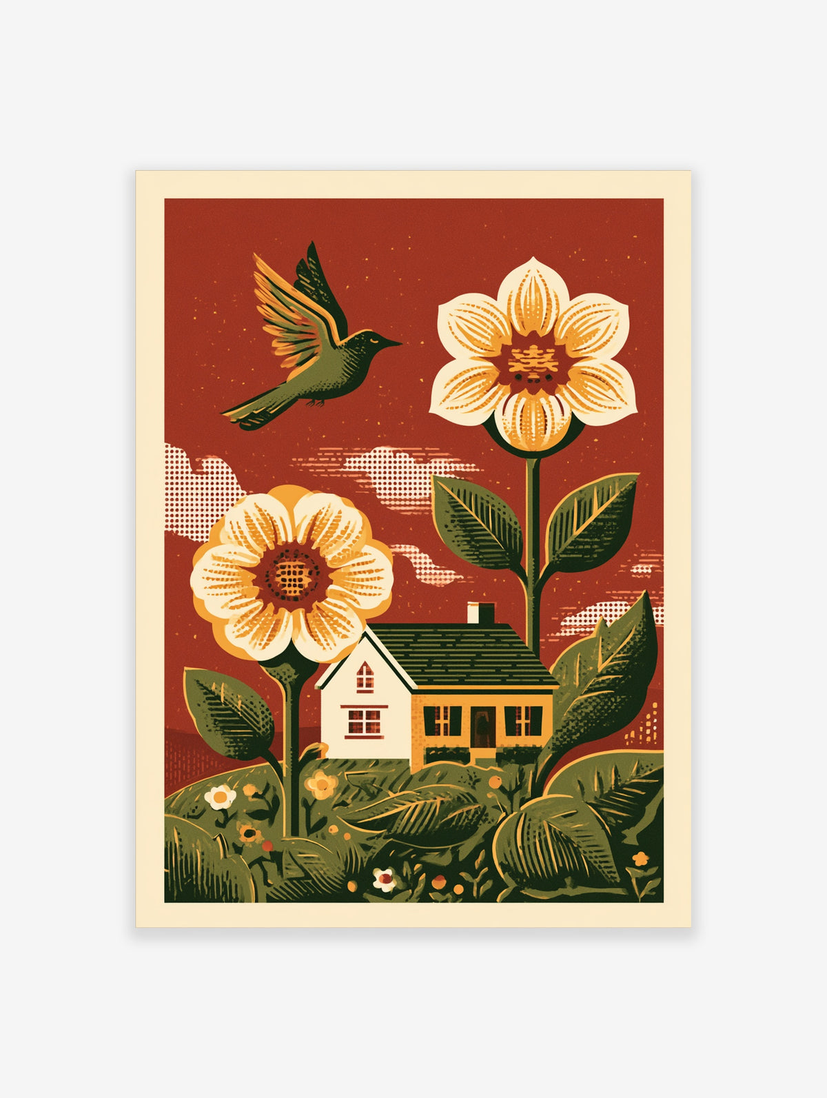 Retro folk art print of a red bird flying above a white cottage, framed by two large cream and yellow flowers on a red