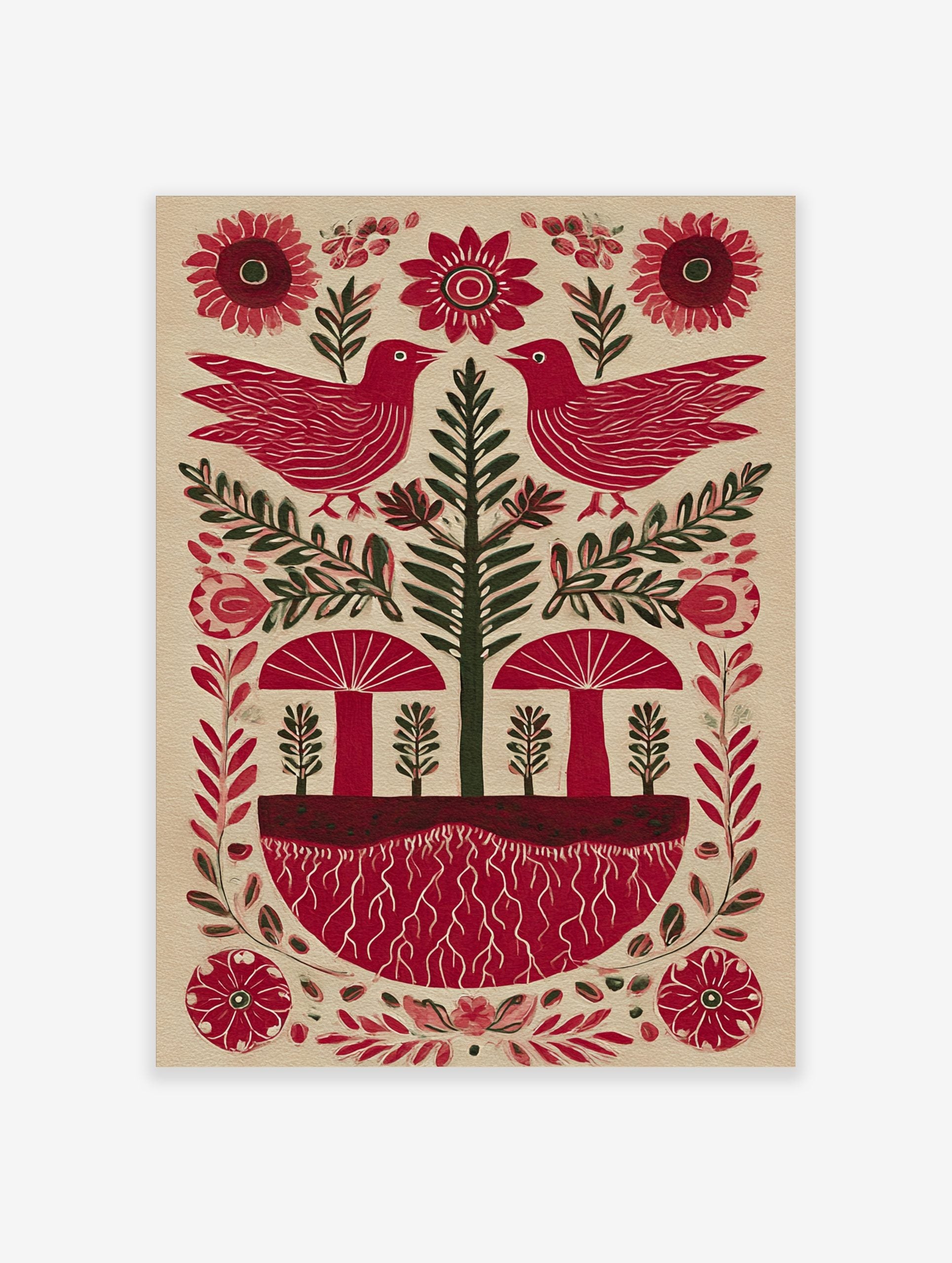 Red bird and mushroom folk art print with green tree, red roots, and flowers on a light background