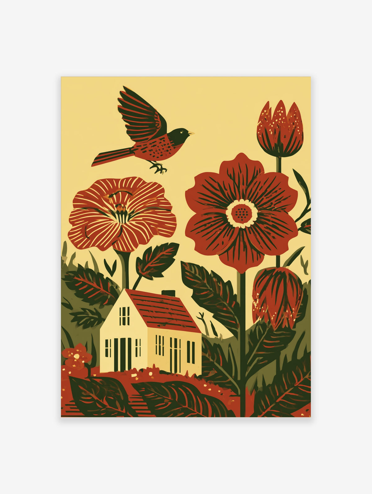 Red bird flying above red flowers and a cream house, folk art print