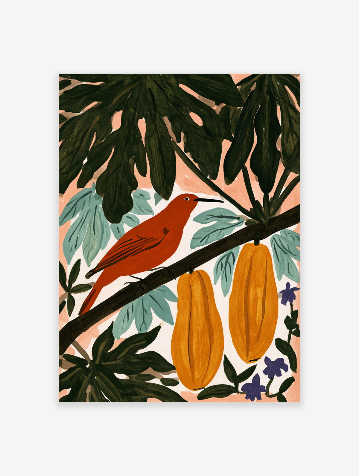 Vibrant illustration of a red bird on a branch with yellow tropical fruits and green leaves on a pink background