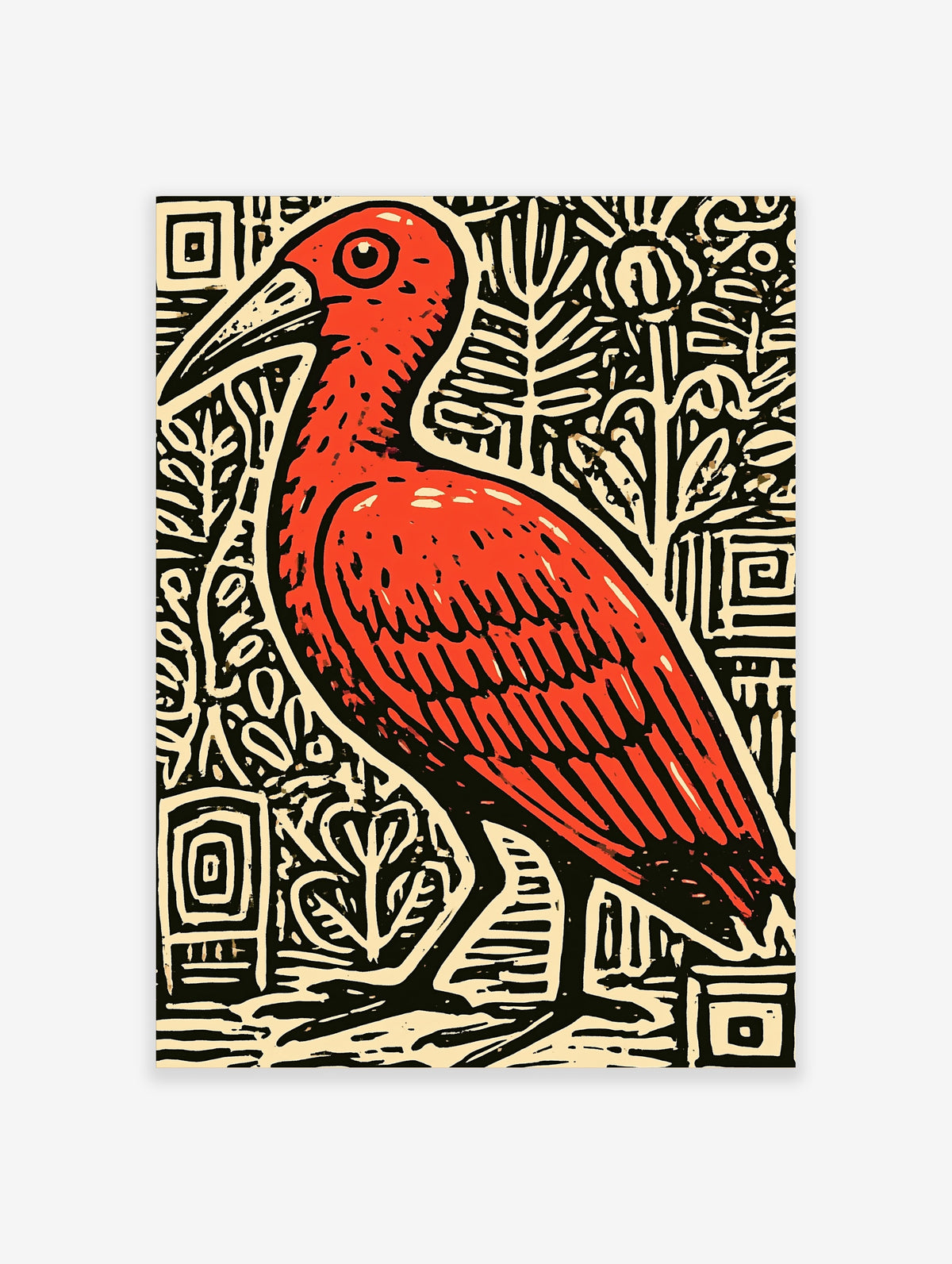 Red bird linocut style poster with black and cream leaf patterns and geometric shapes