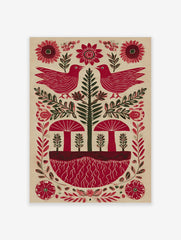Red birds, green tree, and red mushrooms in a symmetrical botanical folk art print