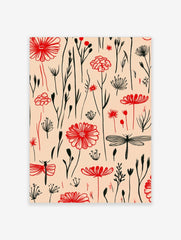 Red botanical flowers, berries, and black dragonflies illustrative pattern on a light beige background