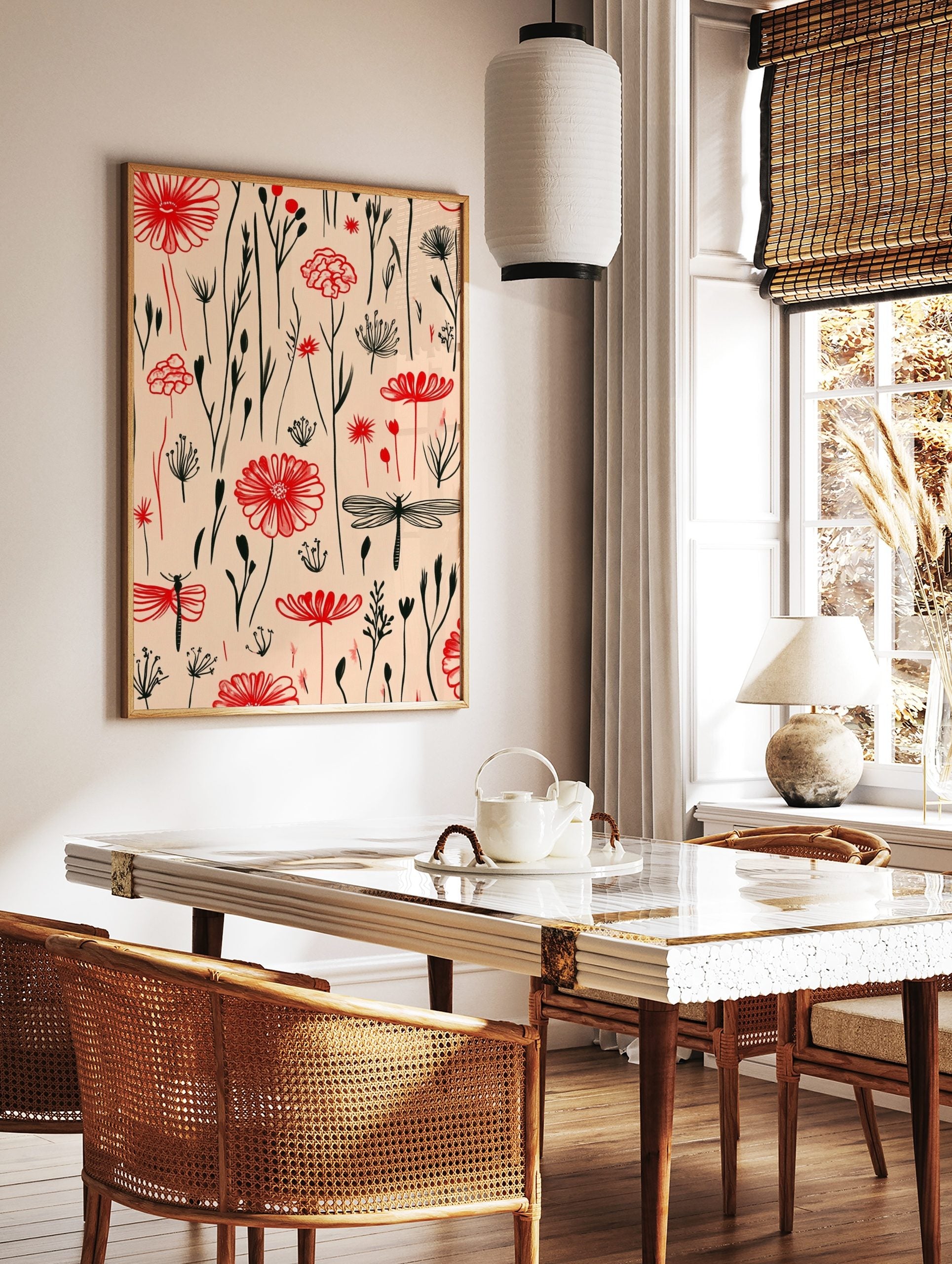 Red botanical flowers, berries, and black dragonflies illustrative pattern on a light beige, in a styled room mockup