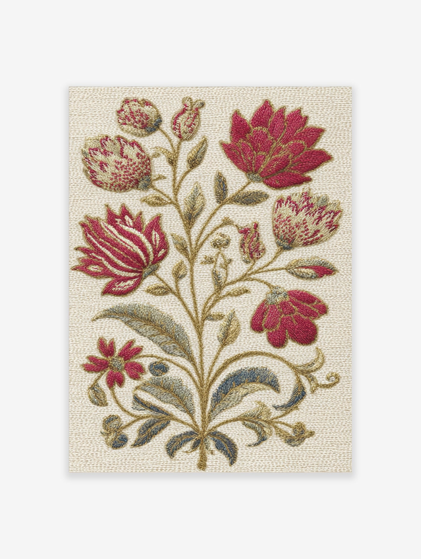 Red embroidered-style botanical flower print with gold stems and blue leaves on beige background